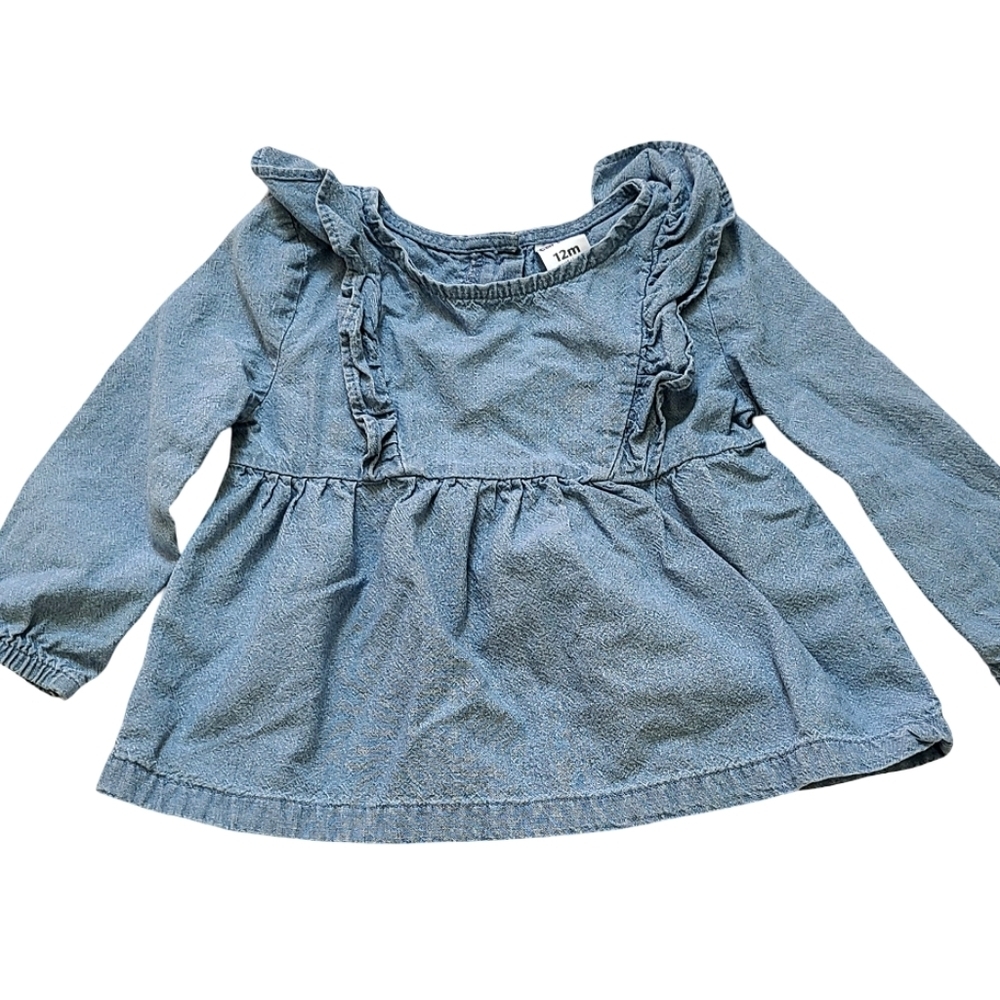 Carter's Denim Style Long Sleeve Top Blue Girls 12 Months Ruffle Details Blouse